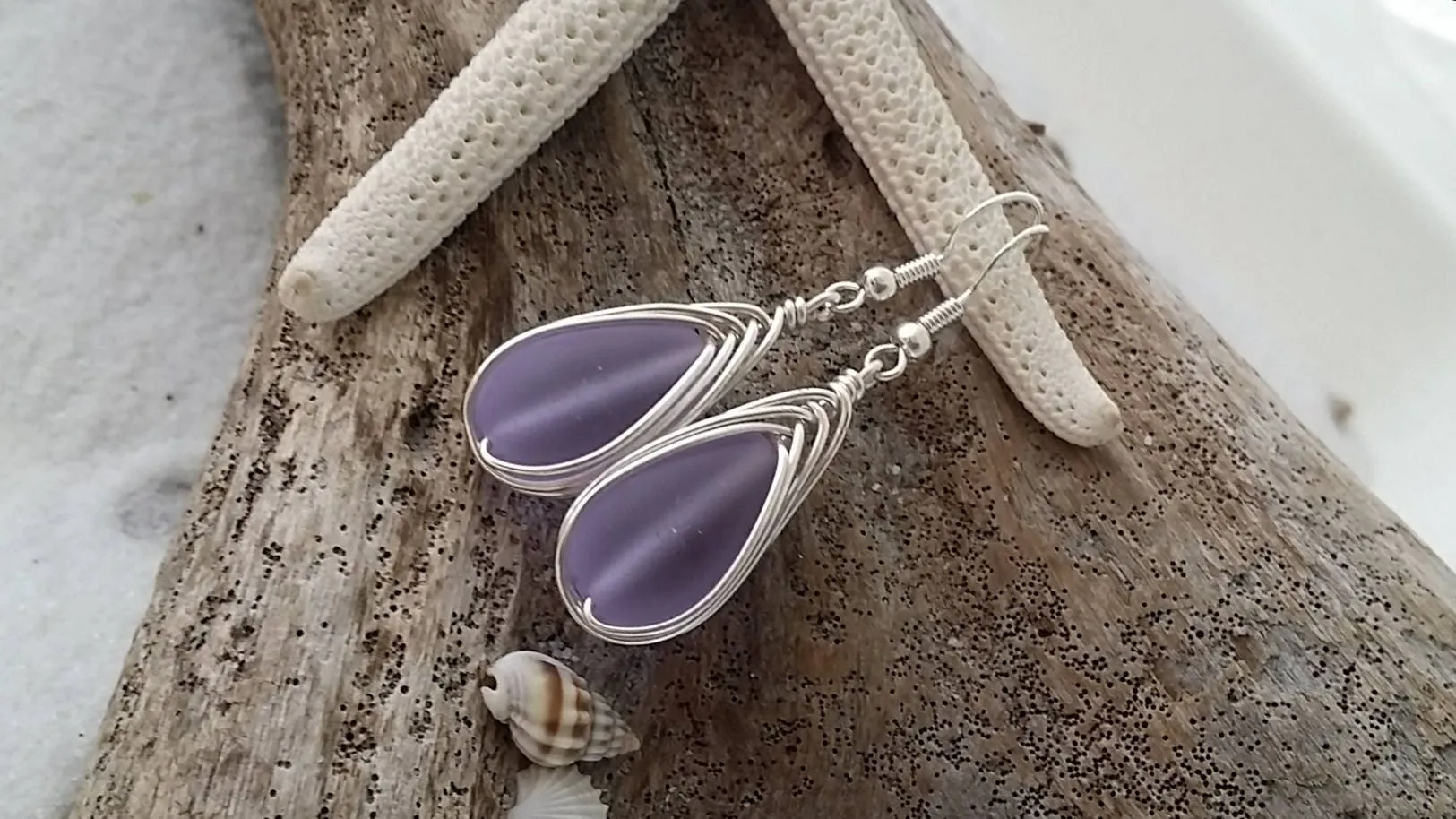Hawaiian Jewelry Sea Glass Earrings, Braided "Magical Color Changing" Purple Earrings Teardrop Earrings, Beach Jewelry (February Birthstone)