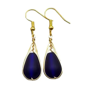 Hawaiian Jewelry Sea Glass Earrings, Gold Braided Cobalt Earrings, Beach Jewelry For Women (September Birthstone Jewelry)