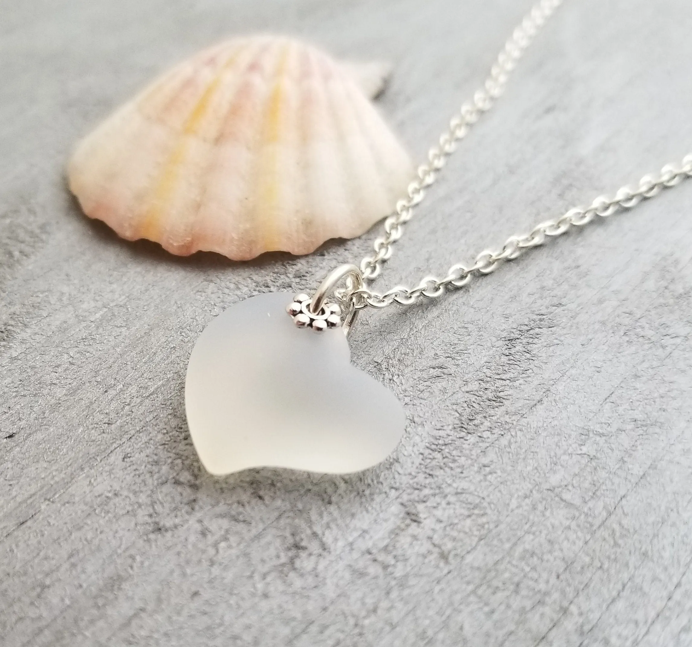 Hawaiian Jewelry Sea Glass Necklace, Heart Necklace Moonstone Necklace, Sea Glass Jewelry Unique Birthday Gift For Women (June Birthstone)