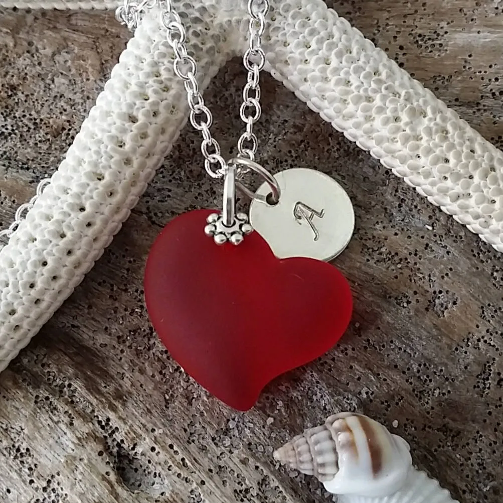Hawaiian Jewelry Sea Glass Necklace, Red Necklace Heart Necklace, Sea Glass Jewelry Beach Jewelry Birthday Gift (January Birthstone Jewelry)