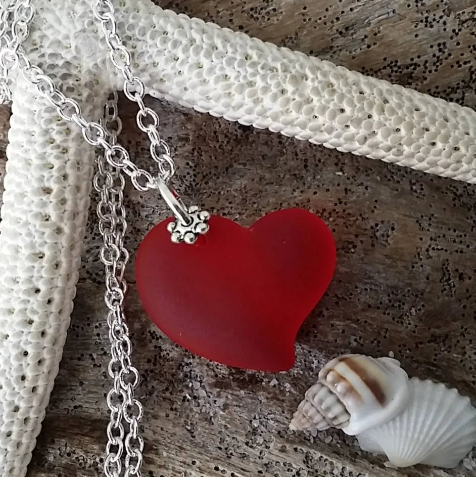 Hawaiian Jewelry Sea Glass Necklace, Red Necklace Heart Necklace, Sea Glass Jewelry Beach Jewelry Birthday Gift (January Birthstone Jewelry)