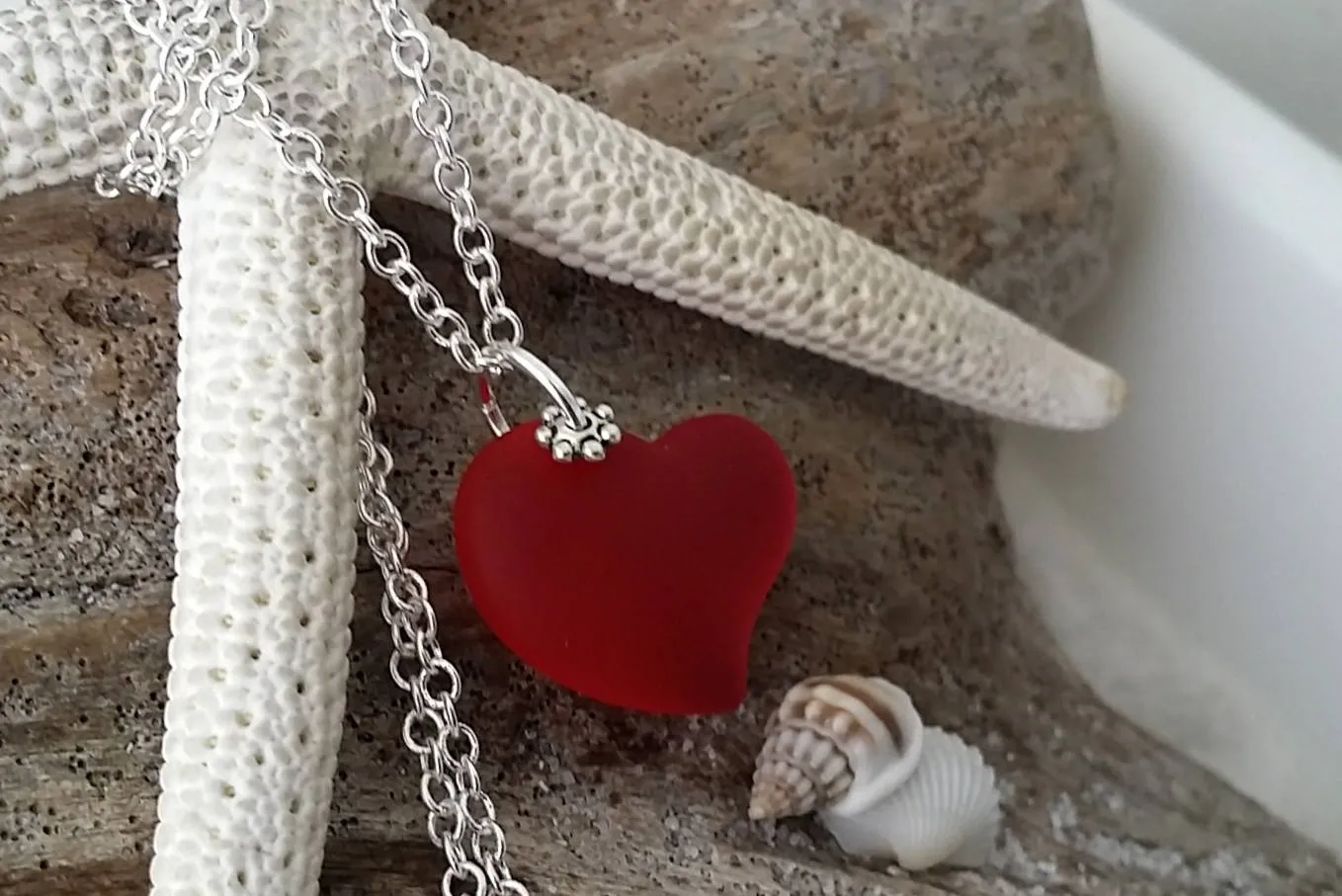 Hawaiian Jewelry Sea Glass Necklace, Red Necklace Heart Necklace, Sea Glass Jewelry Beach Jewelry Birthday Gift (January Birthstone Jewelry)