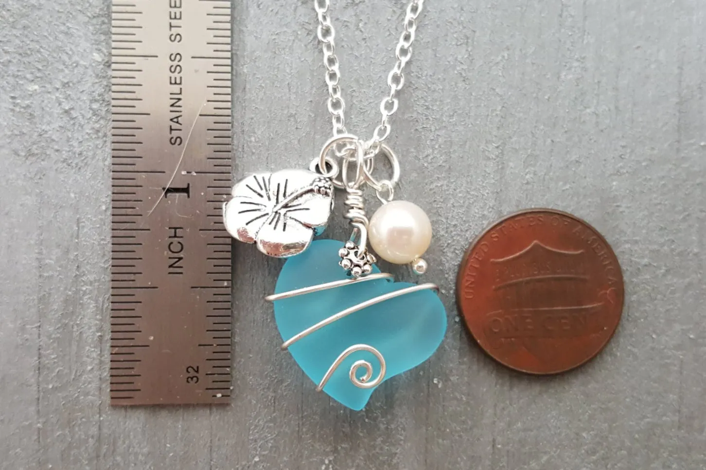 Hawaiian Jewelry Wire Wrapped "Heart of The Sea" Heart Necklace Turquoise Blue Necklace, Pearl Sea Glass Jewelry (December Birthstone Gift)
