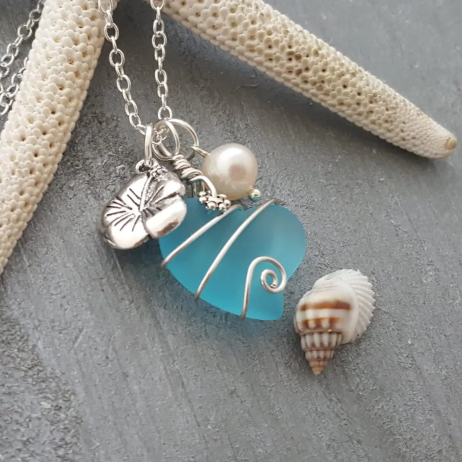 Hawaiian Jewelry Wire Wrapped "Heart of The Sea" Heart Necklace Turquoise Blue Necklace, Pearl Sea Glass Jewelry (December Birthstone Gift)