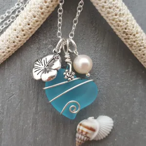 Hawaiian Jewelry Wire Wrapped "Heart of The Sea" Heart Necklace Turquoise Blue Necklace, Pearl Sea Glass Jewelry (December Birthstone Gift)