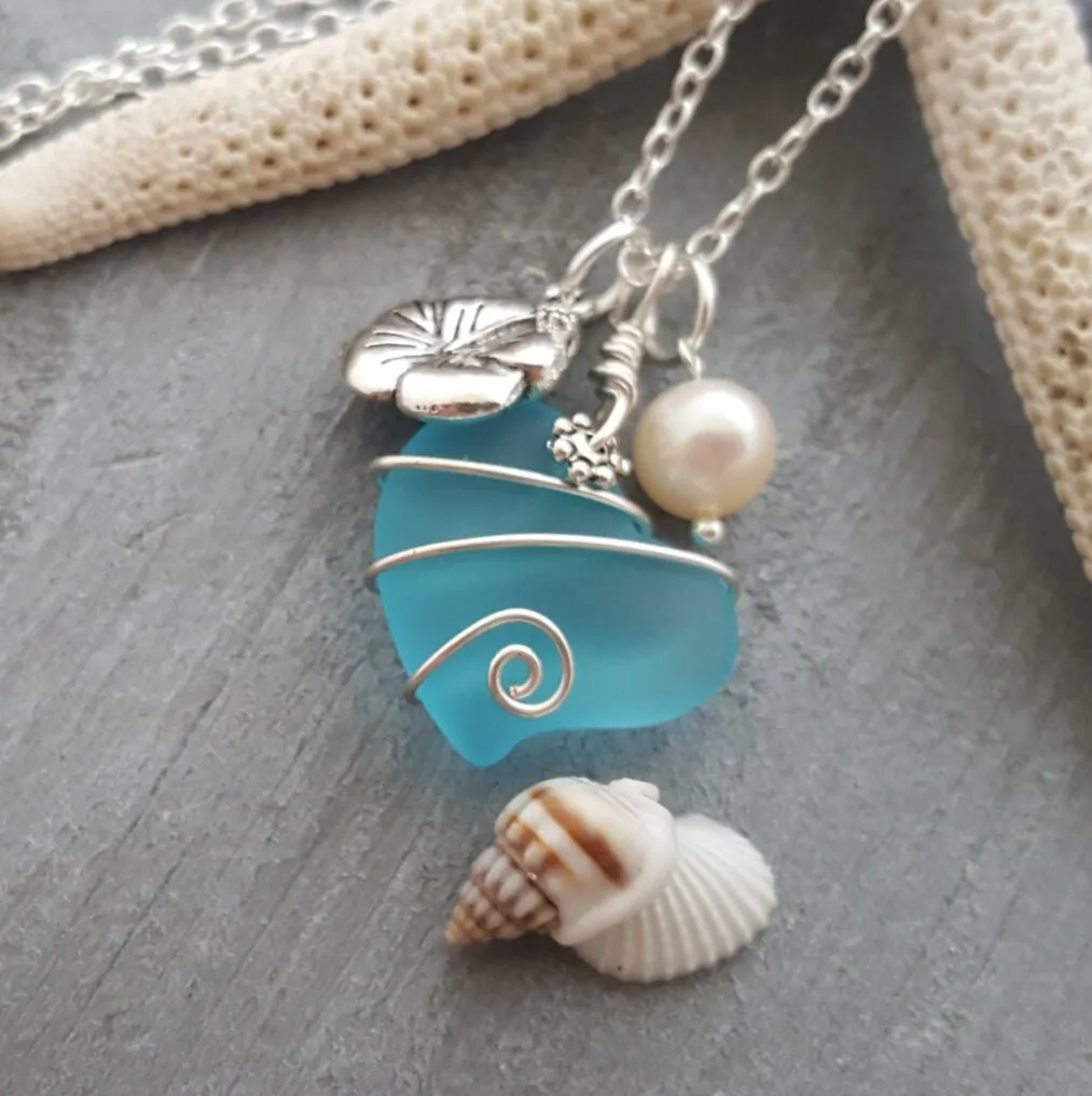 Hawaiian Jewelry Wire Wrapped "Heart of The Sea" Heart Necklace Turquoise Blue Necklace, Pearl Sea Glass Jewelry (December Birthstone Gift)