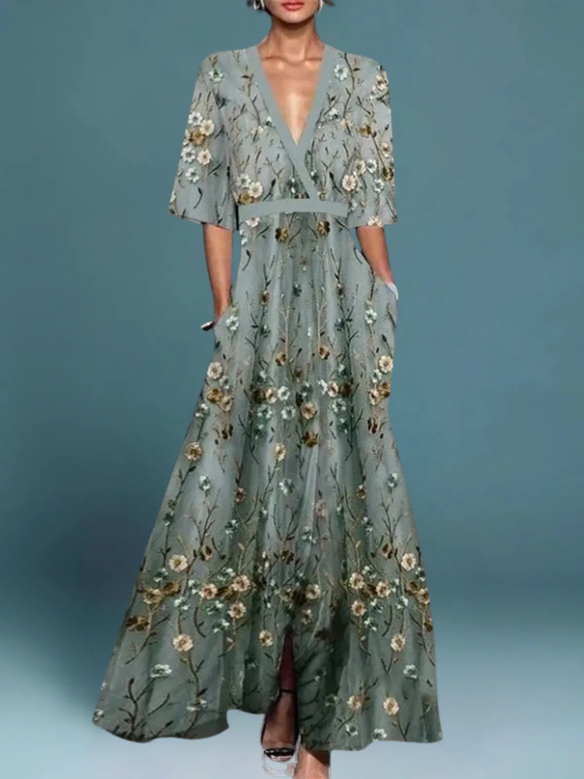 Hazel - Elegant V-Neck Belted Boho Dress