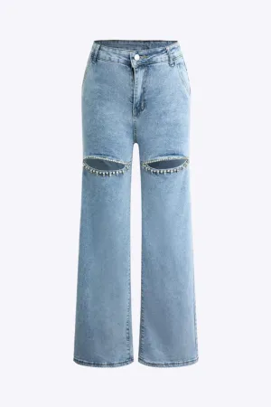 Helene - Trendy Rhinestone Design Woman's Straight Leg Jeans