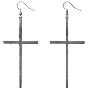 Hematite Extra Long Metal Cross Earrings