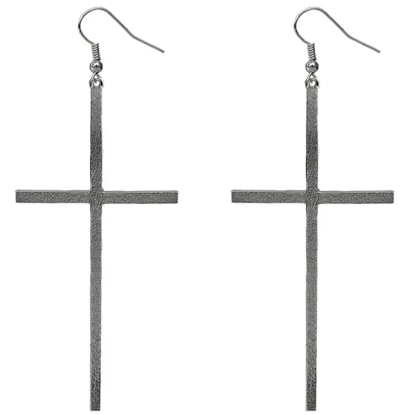 Hematite Extra Long Metal Cross Earrings