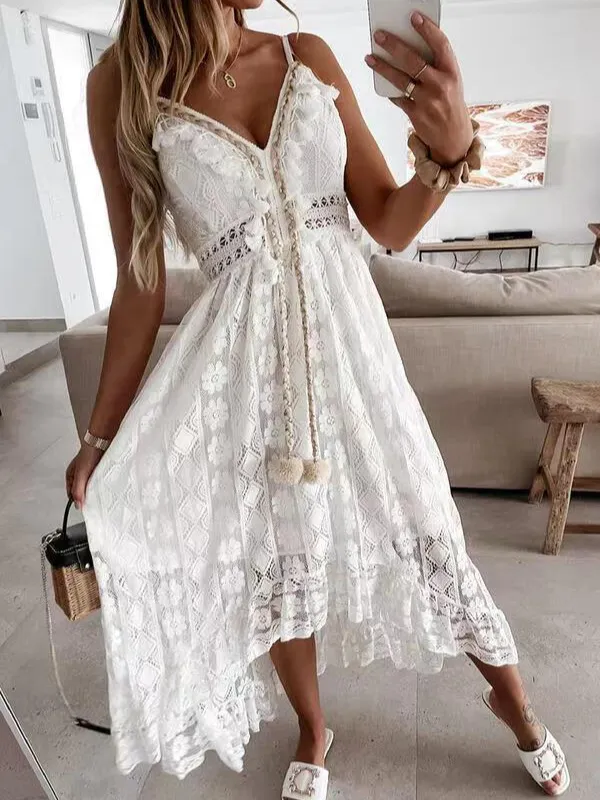 Hettie - Casual sleeveless dress with lace tassels