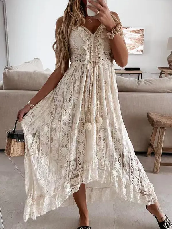 Hettie - Casual sleeveless dress with lace tassels