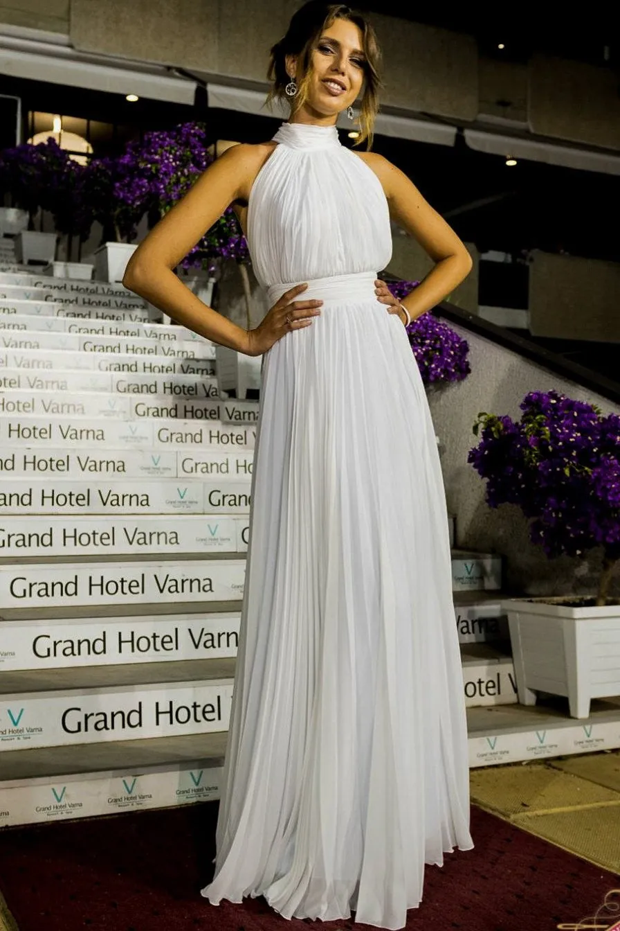 High-Collar Chiffon White Boho Wedding Gown with Ruching Bodice