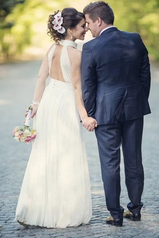 High-Collar Chiffon White Boho Wedding Gown with Ruching Bodice