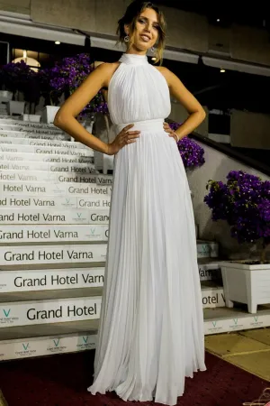 High-Collar Chiffon White Boho Wedding Gown with Ruching Bodice