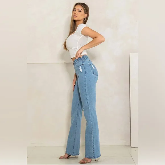 HIGH RISE FRONT CROSS STRAIGHT JEANS