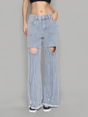 High Waisted Hollow Out Patchwork Tassel Jeans