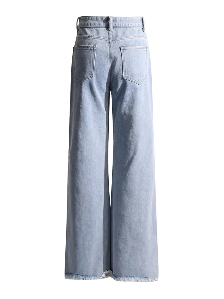 High Waisted Hollow Out Patchwork Tassel Jeans