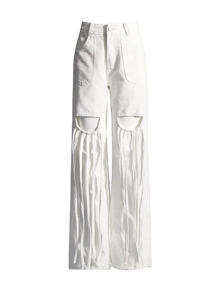 High Waisted Hollow Out Patchwork Tassel Jeans