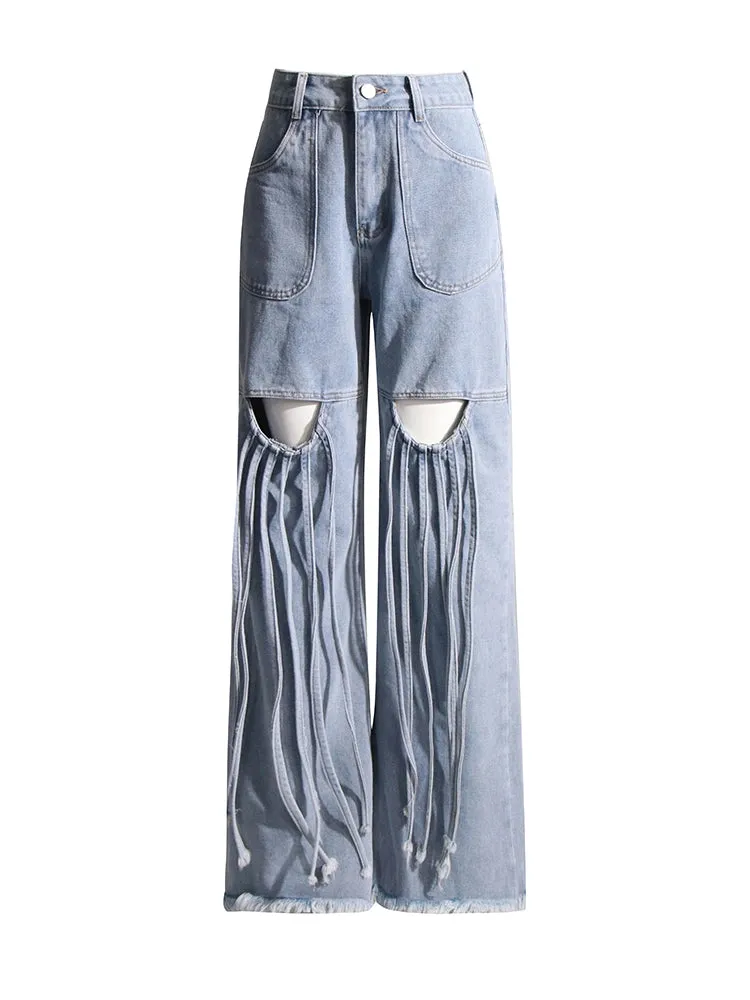High Waisted Hollow Out Patchwork Tassel Jeans