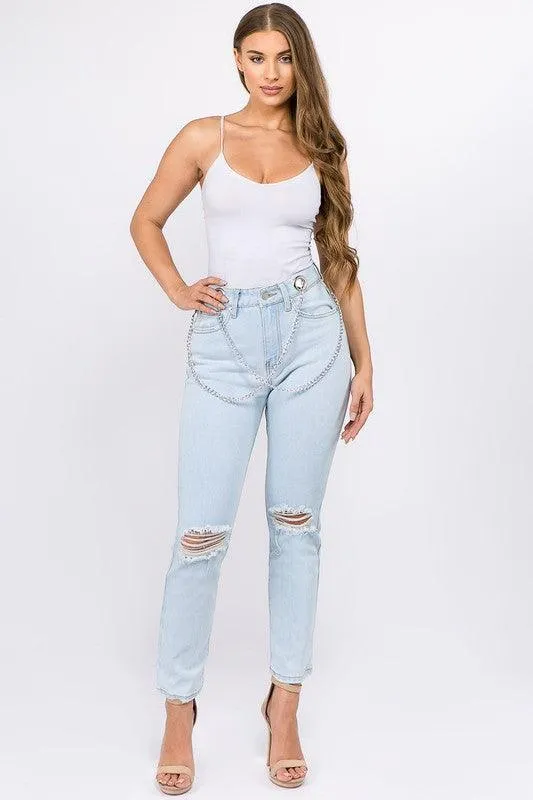 High waisted jeans with chain link