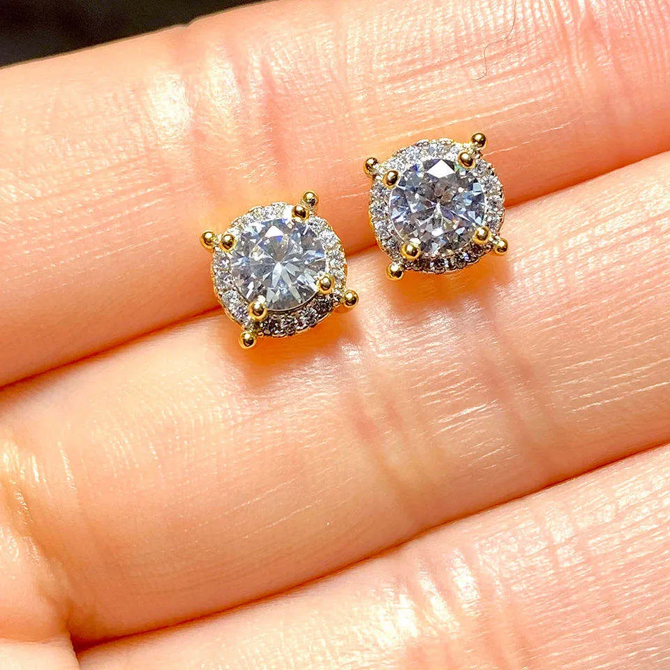 Hip Hop New Fashion Iced Out Bling Gold CZ Earrings 925 Sterling Silver Cubic Zircon Square Diamond Stud Earrings
