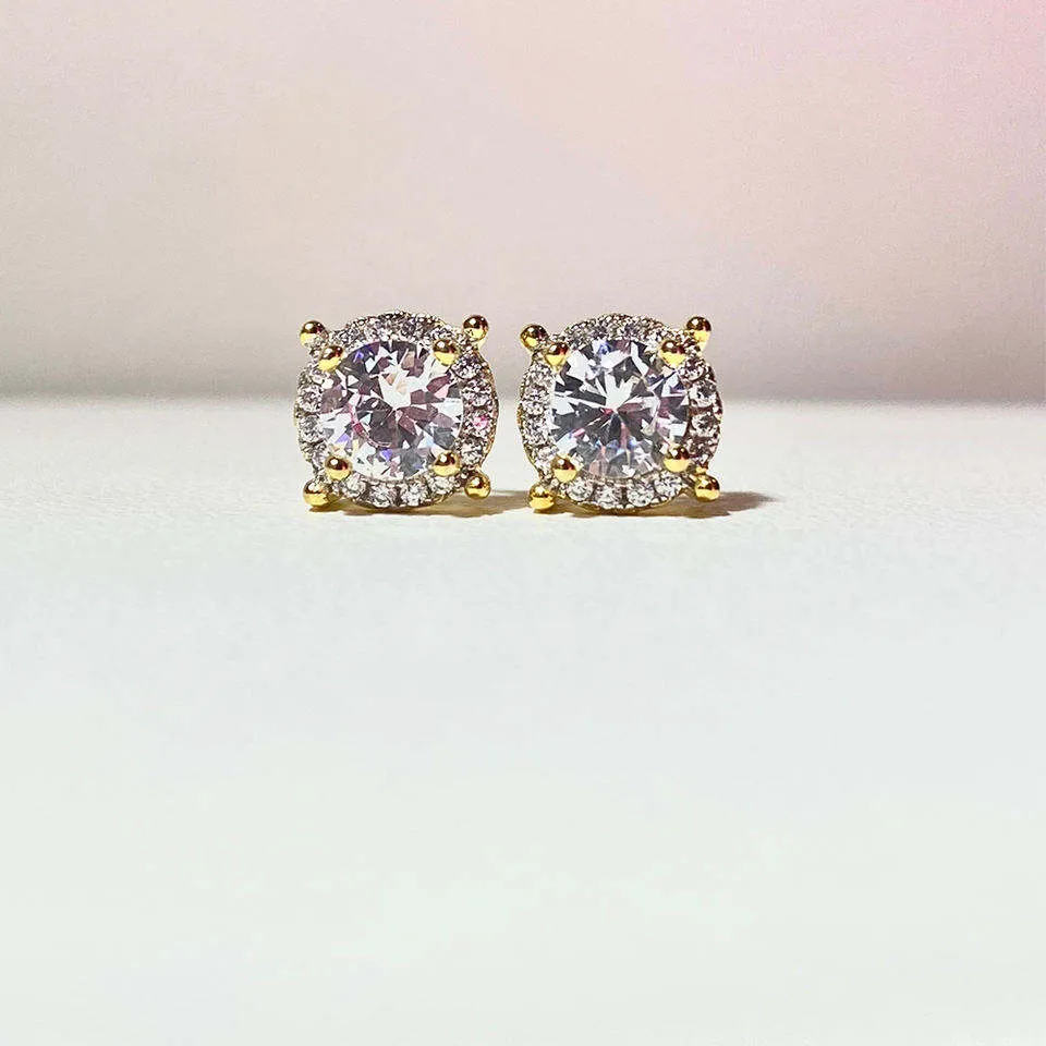 Hip Hop New Fashion Iced Out Bling Gold CZ Earrings 925 Sterling Silver Cubic Zircon Square Diamond Stud Earrings