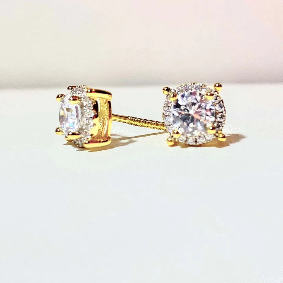 Hip Hop New Fashion Iced Out Bling Gold CZ Earrings 925 Sterling Silver Cubic Zircon Square Diamond Stud Earrings