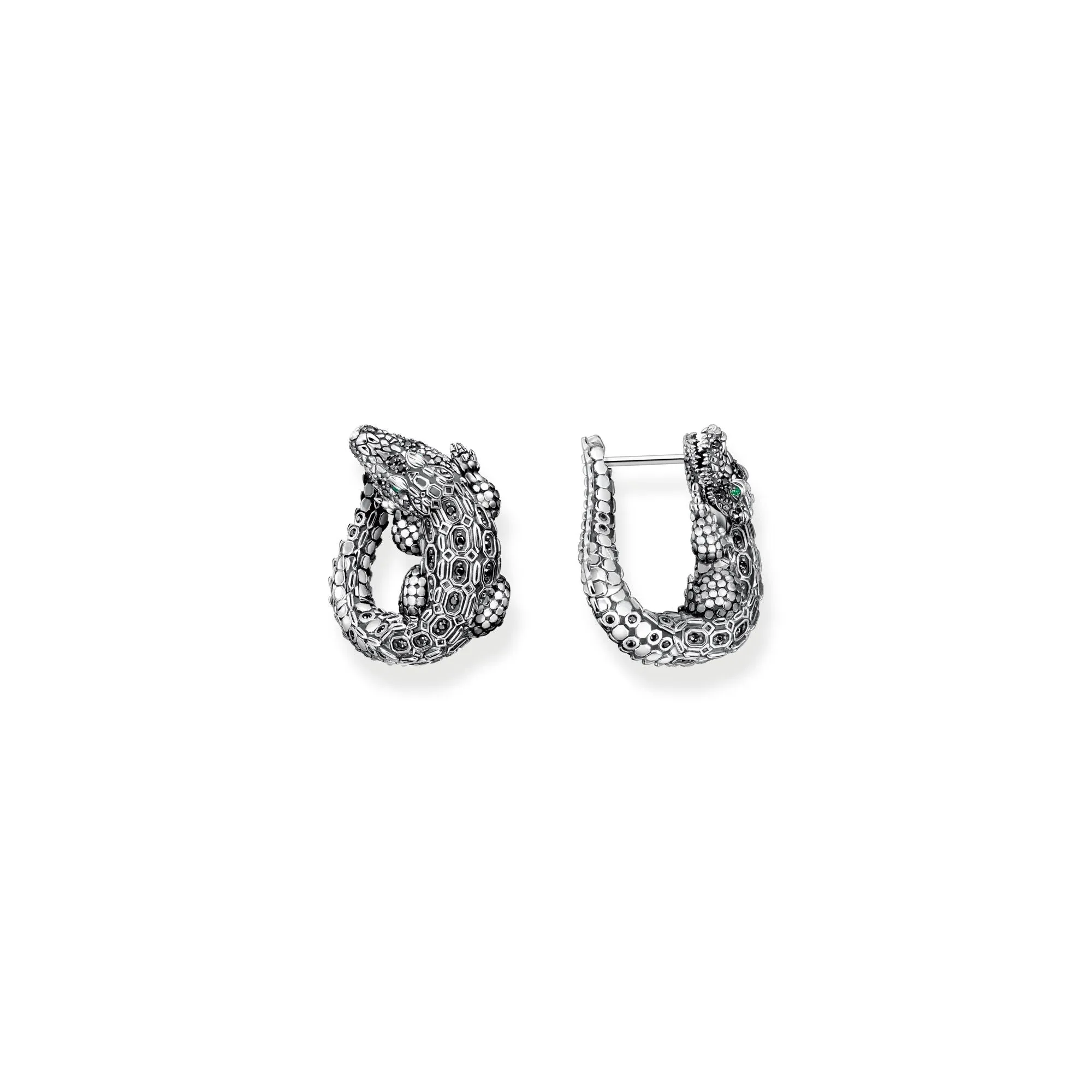 Hoop earrings Crocodile with stones silver blackened