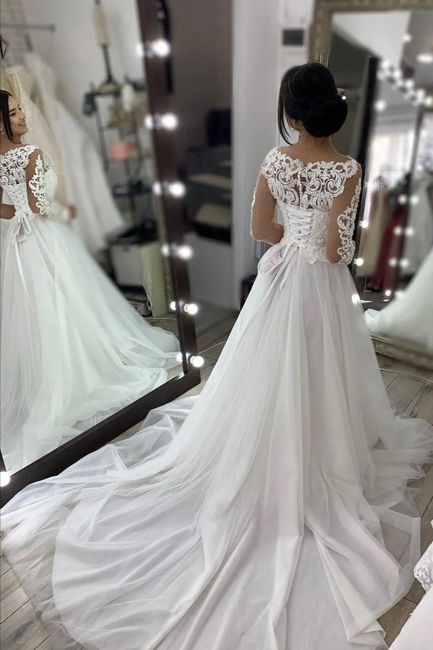 Illusion Long Sleeves Boho Wedding Dresses with Tulle Skirt