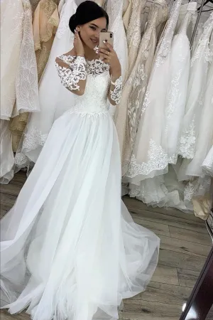 Illusion Long Sleeves Boho Wedding Dresses with Tulle Skirt
