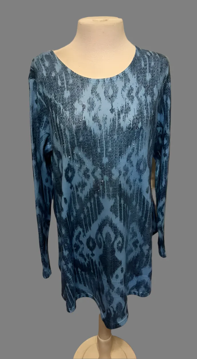 India Boutique Blue Ikat Pattern Long Sleeve Tunic- One Size