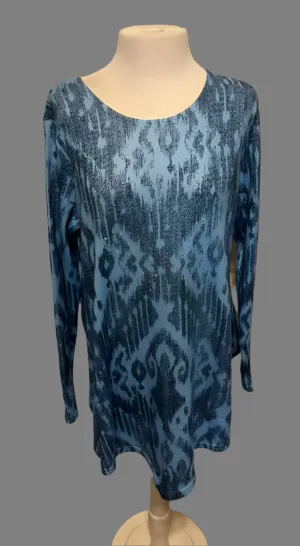 India Boutique Blue Ikat Pattern Long Sleeve Tunic- One Size