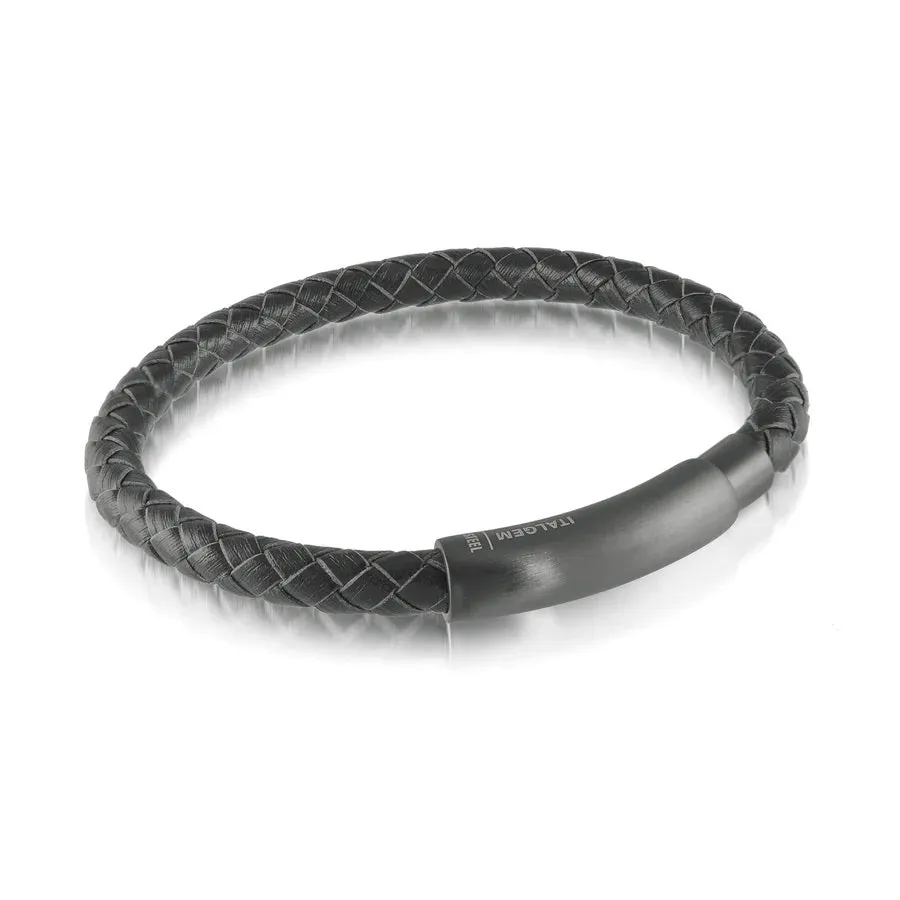 Italgem Black Braided Leather and Stainless Steel Black Plated Clasp Bracelet
