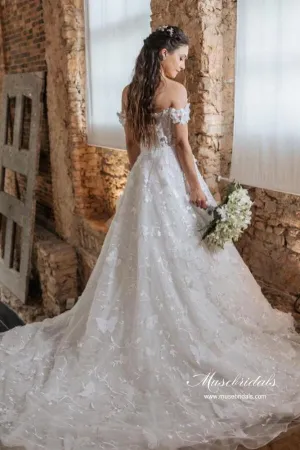 Ivory A Line Off Shoulder Floral Lace Butterfly Boho Wedding Dresses, MW1092