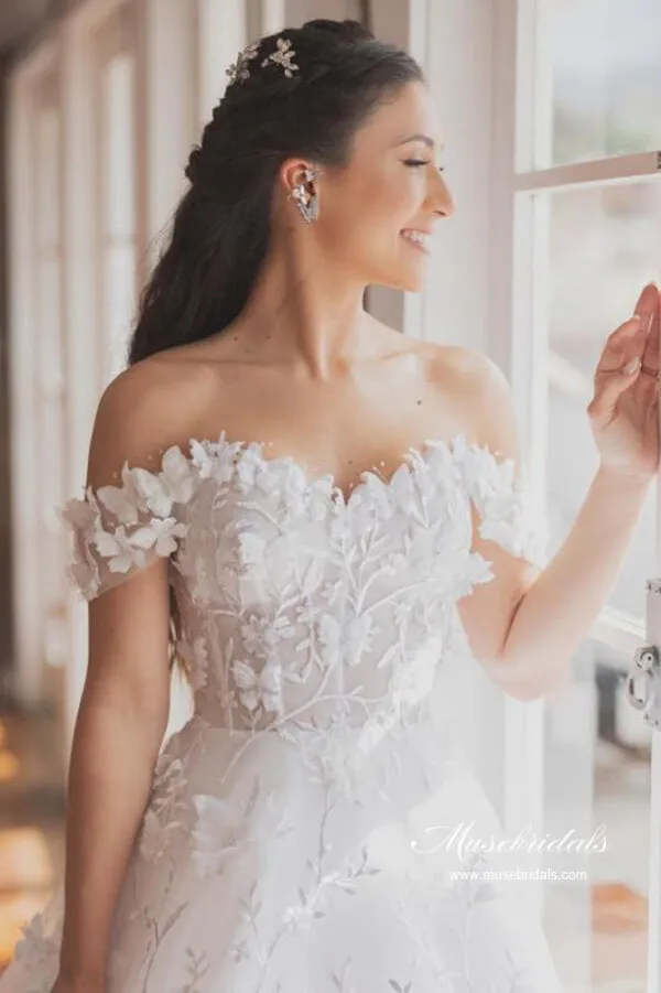 Ivory A Line Off Shoulder Floral Lace Butterfly Boho Wedding Dresses, MW1092