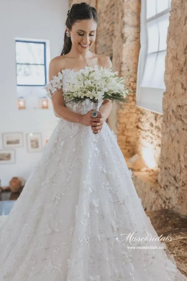 Ivory A Line Off Shoulder Floral Lace Butterfly Boho Wedding Dresses, MW1092