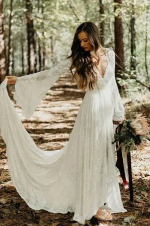 Ivory Lace A-line V-neck Long Sleeves Sweep Train Boho Wedding Dresses, MW766