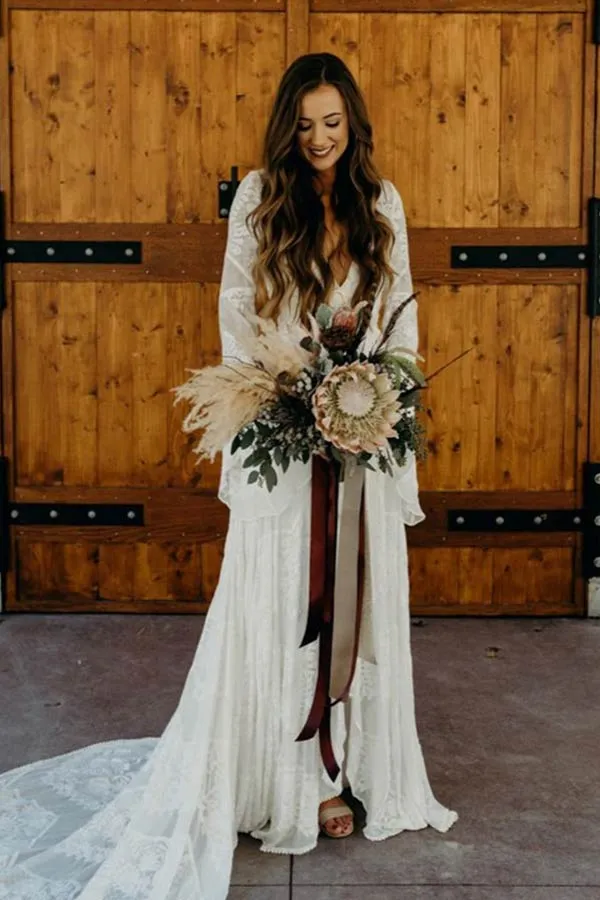 Ivory Lace A-line V-neck Long Sleeves Sweep Train Boho Wedding Dresses, MW766