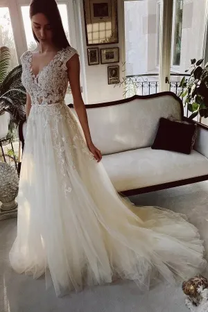 Ivory Tulle A-line Court Train Wedding Dresses With Lace Appliques, MW1067