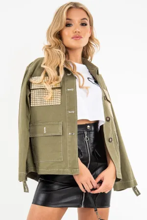 Khaki Sequin Pocket Button Denim Jacket - Celeste