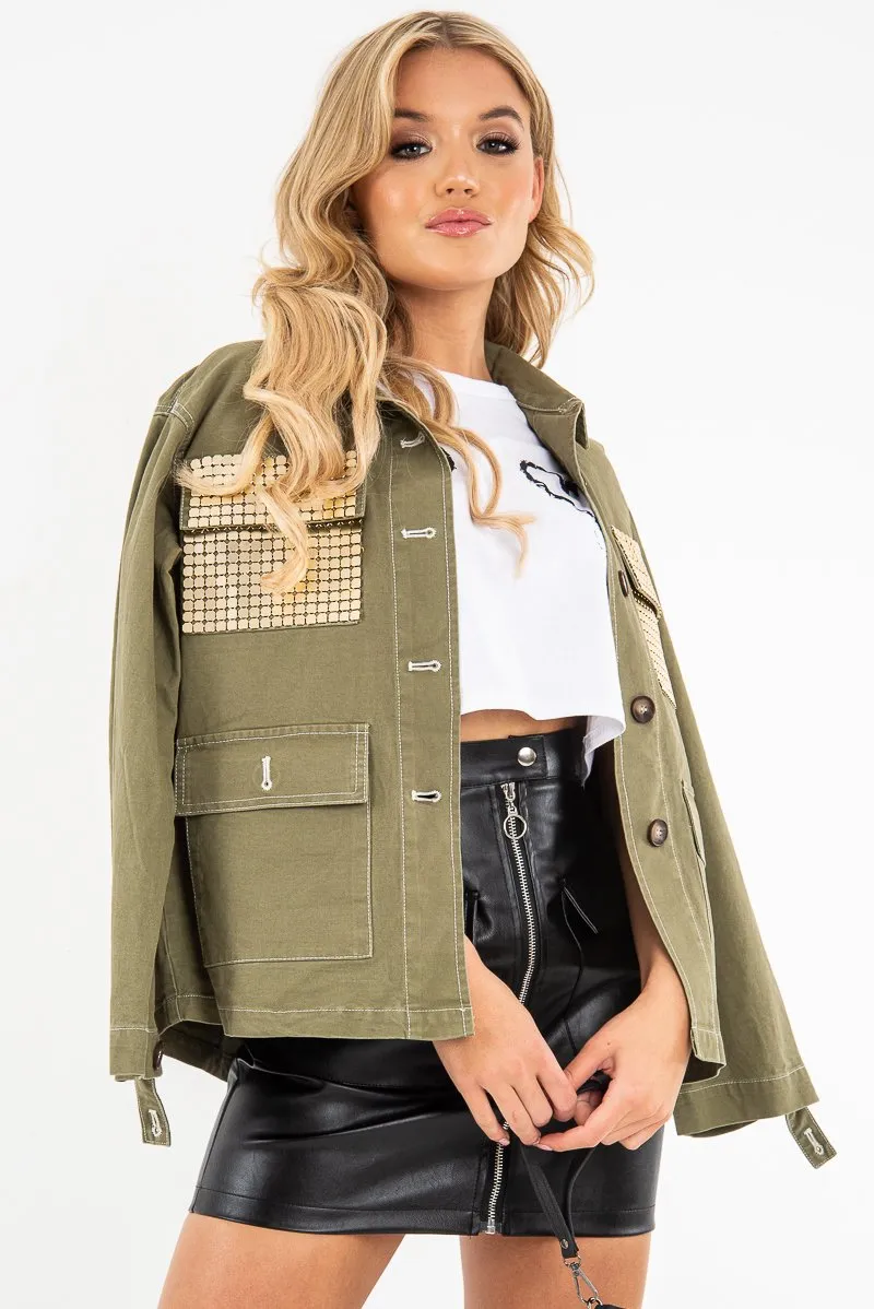 Khaki Sequin Pocket Button Denim Jacket - Celeste
