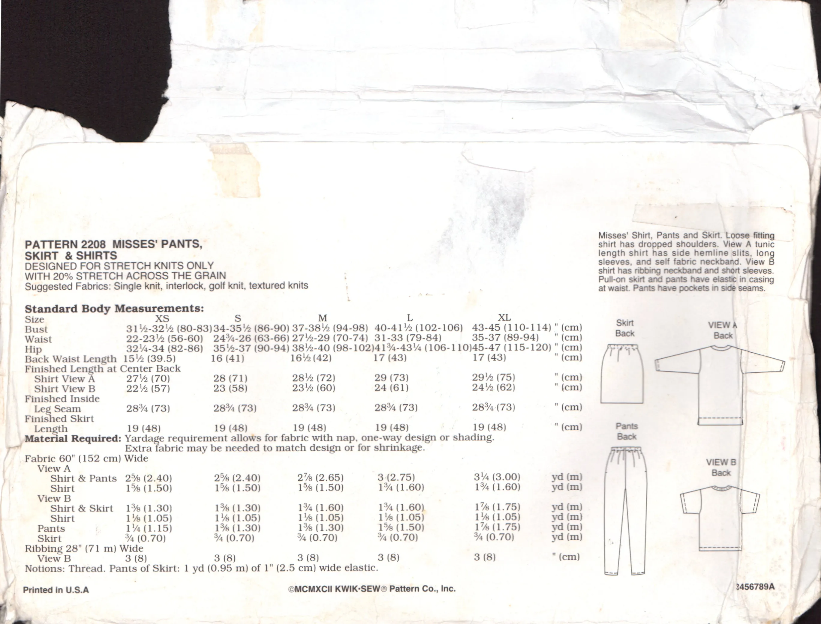 Kwik Sew 2208 Tunic Shirt with Long or Short Sleeves, Skirt and Tapered Pants, Sewing Pattern Multi Size XS-XL