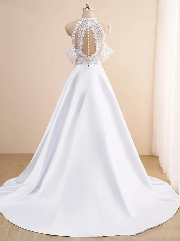 Lace Appliques A-Line Sleeveless Boho Off the Shoulder Wedding Dresses