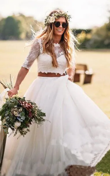 Lace Tulle Floor-length Court Train Two Piece Half Sleeve Sexy Wedding Dress-715997