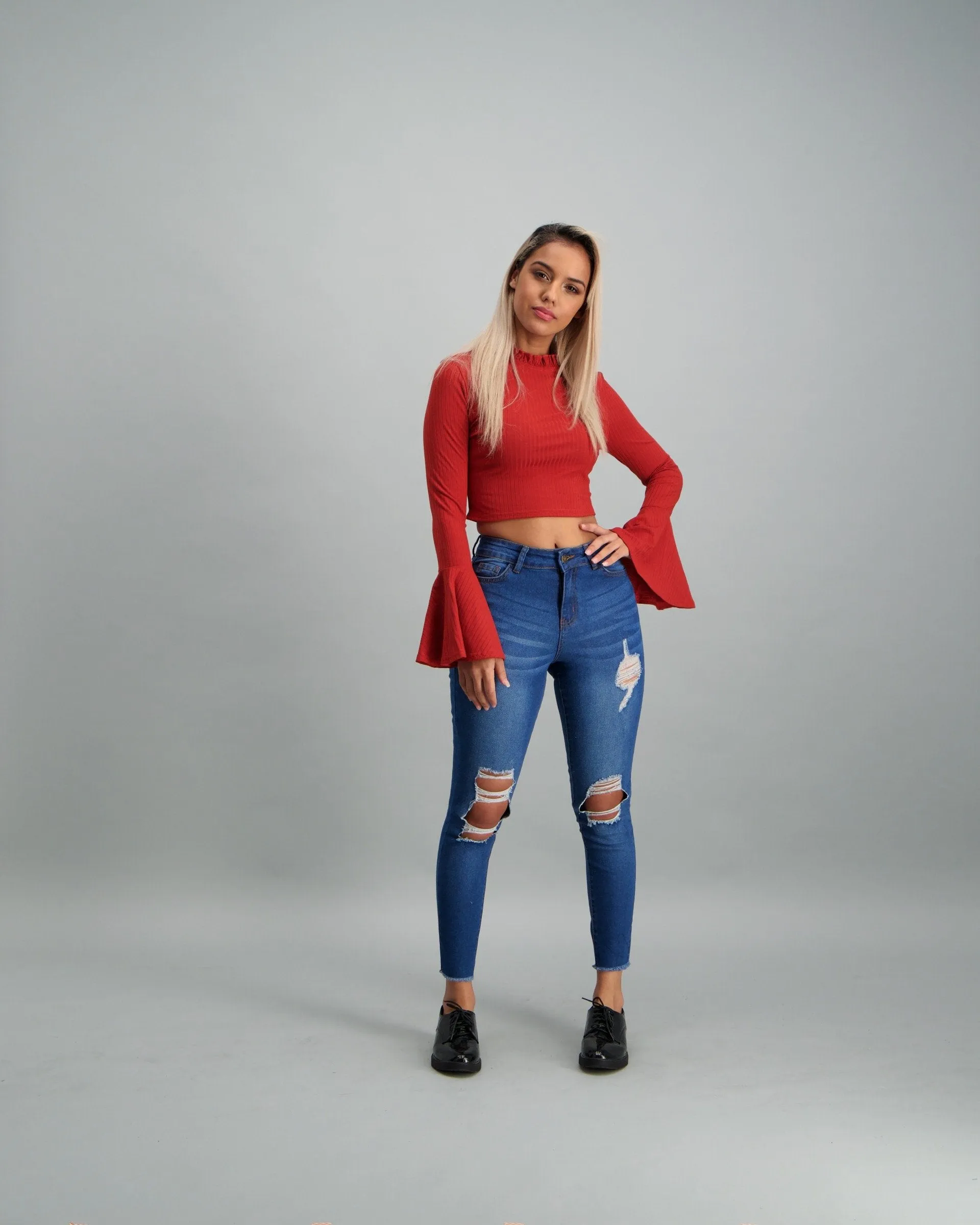 Ladies-Flared Sleeve Rib Top