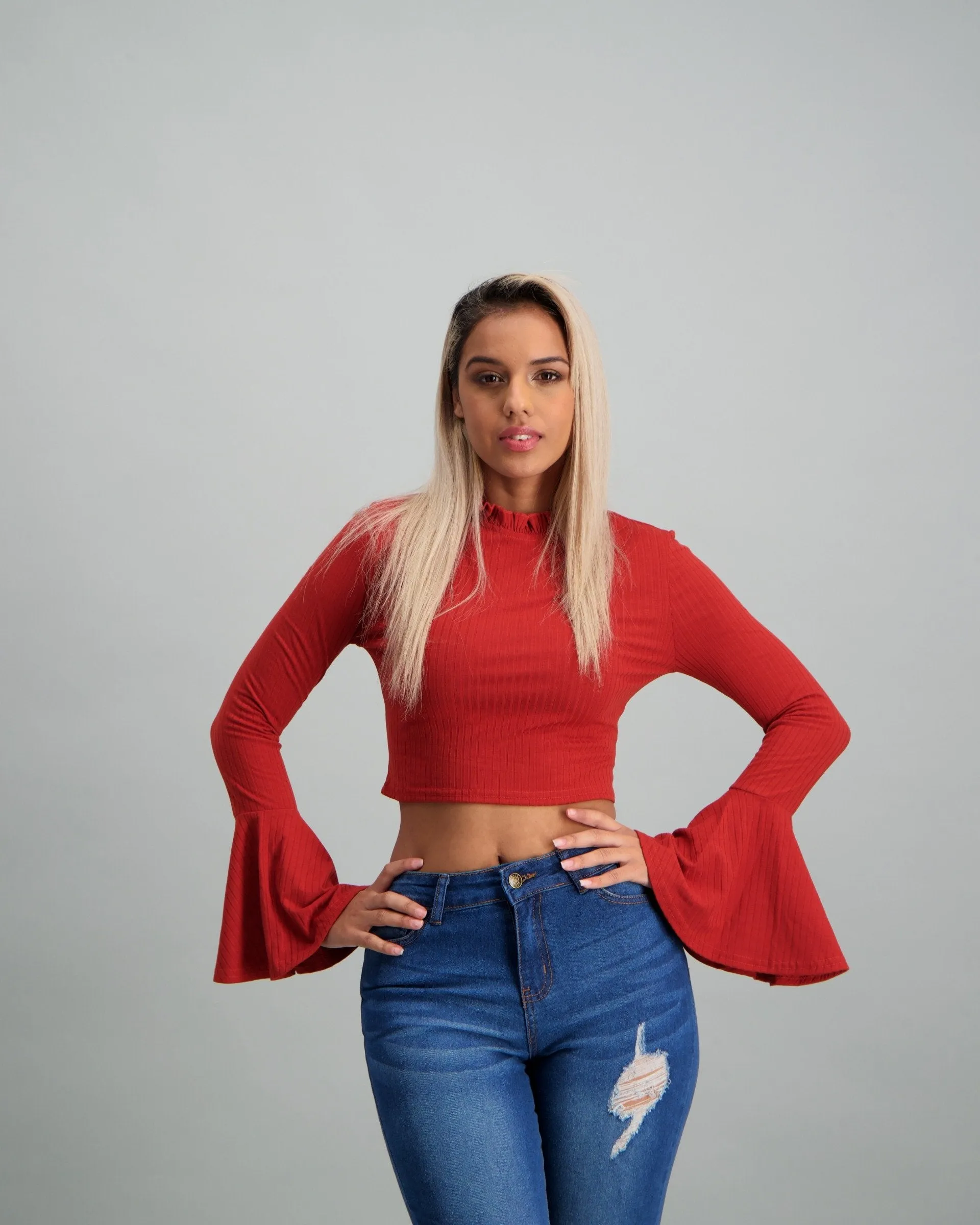 Ladies-Flared Sleeve Rib Top