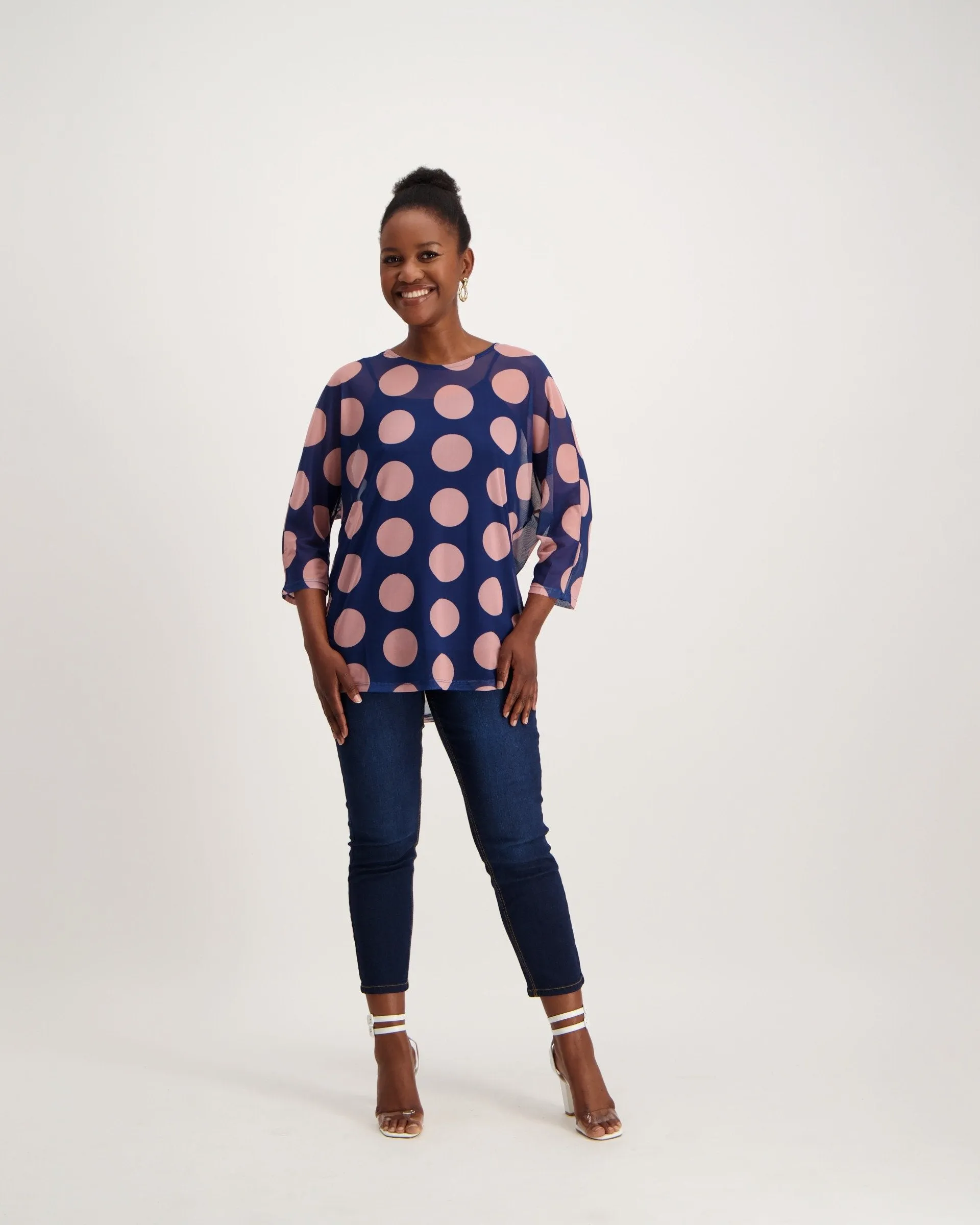 Ladies Spot Mesh Top - Pink/Navy