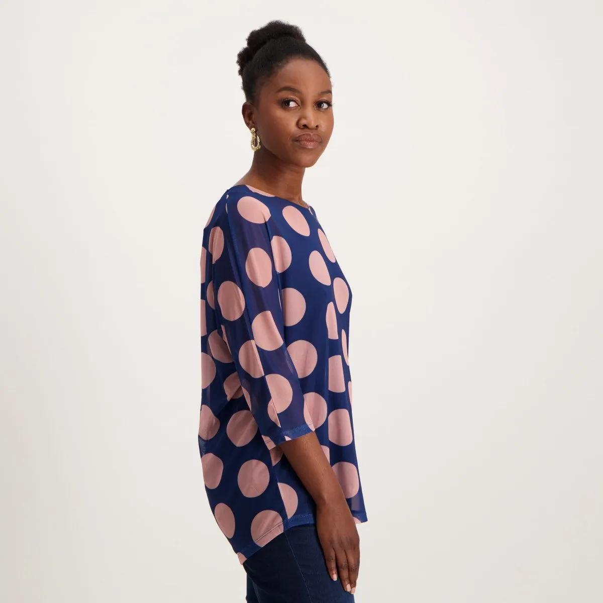Ladies Spot Mesh Top - Pink/Navy