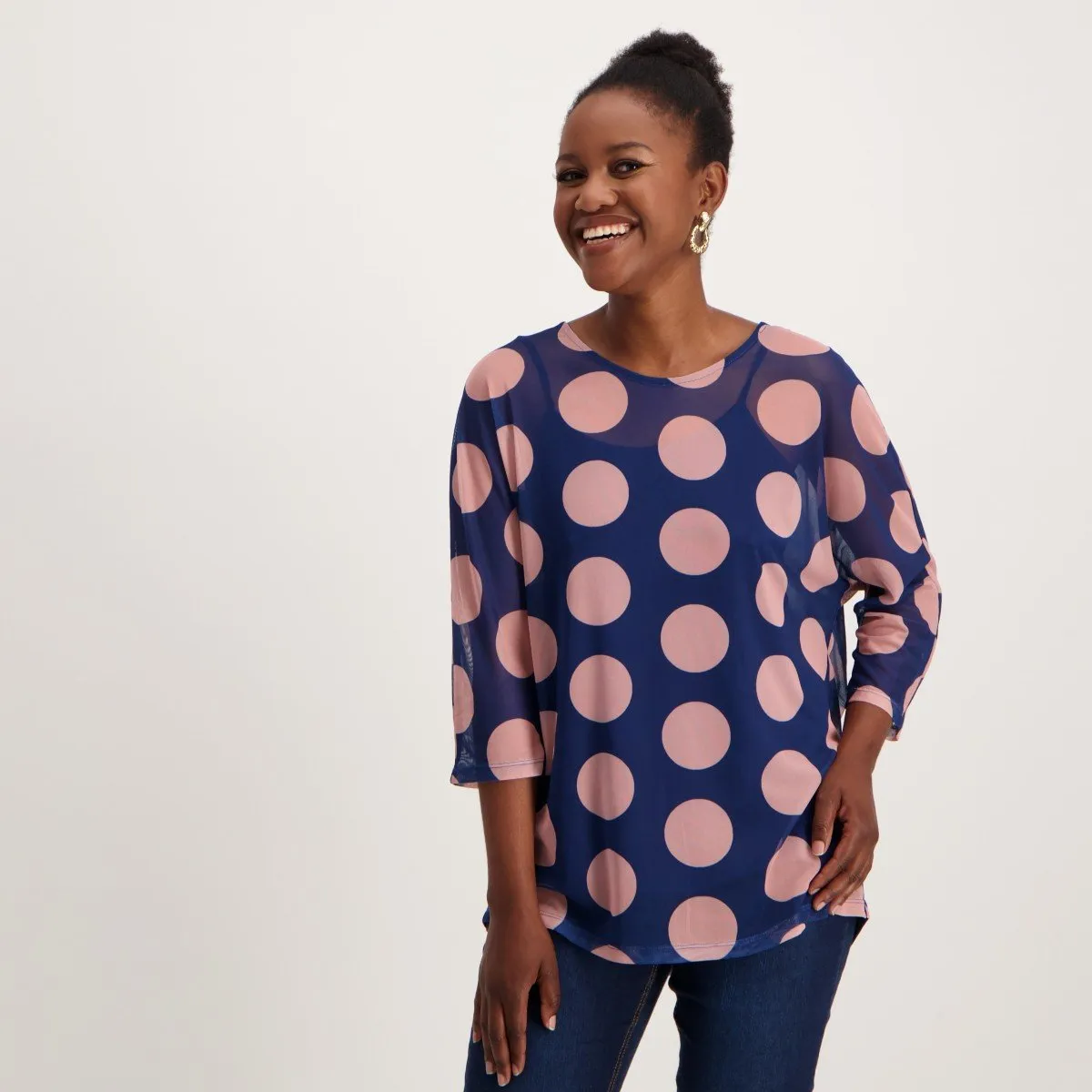 Ladies Spot Mesh Top - Pink/Navy